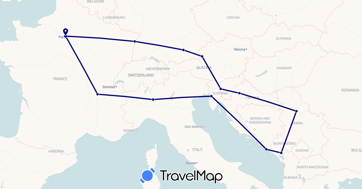 TravelMap itinerary: driving in Austria, Germany, France, Croatia, Italy, Montenegro, Serbia, Slovenia (Europe)